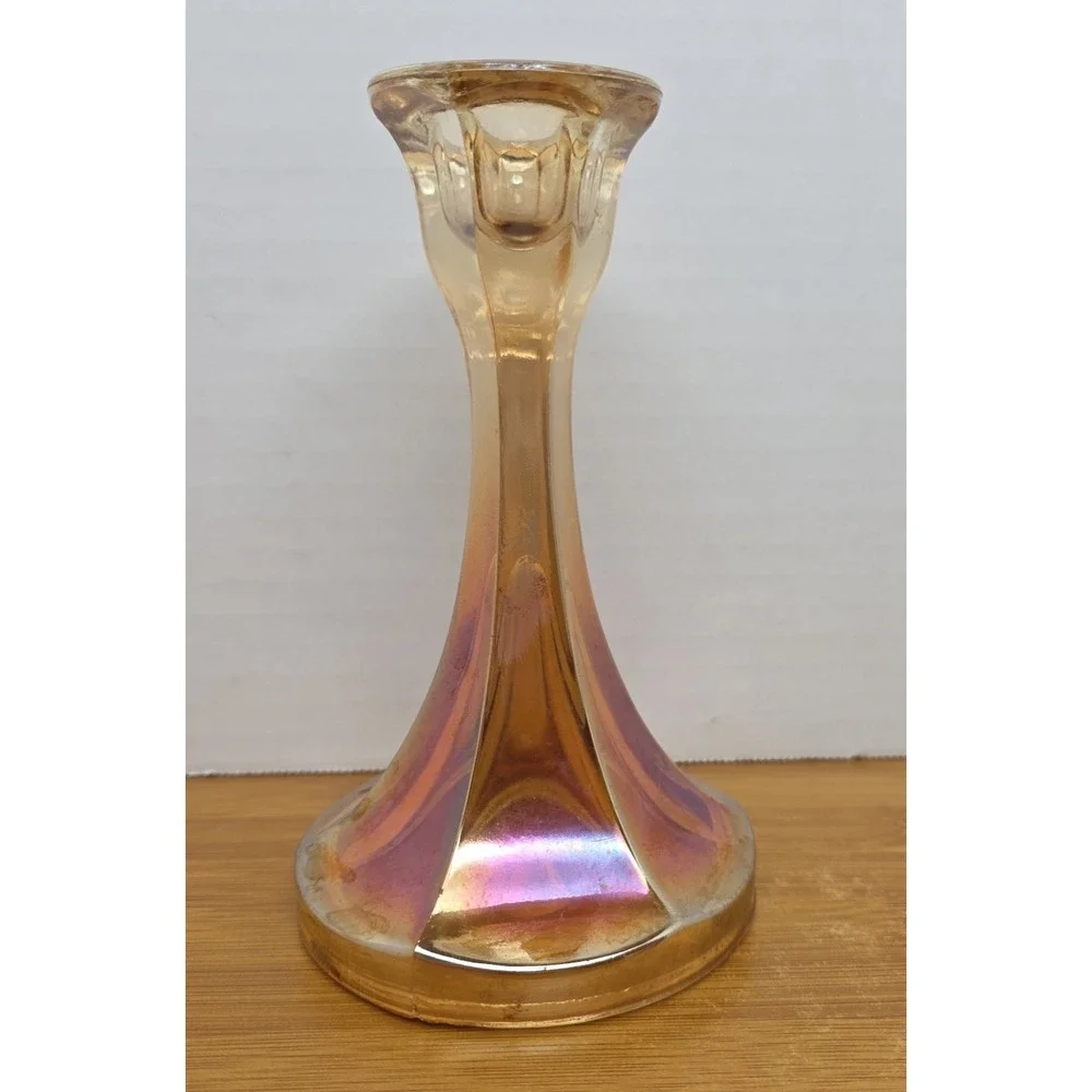 Vintage Marigold Carnival Glass Candle Holder Candlestick Decorative Iridescent